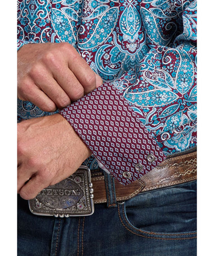 Close-up view of the blue paisley print and contrast interior trim