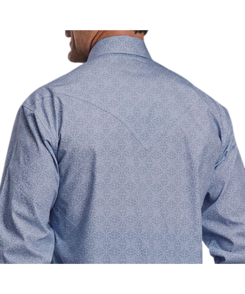 Back view of the men's long sleeve pearl snap shirt in steel blue featuring the ultra-deep curved single point back yoke