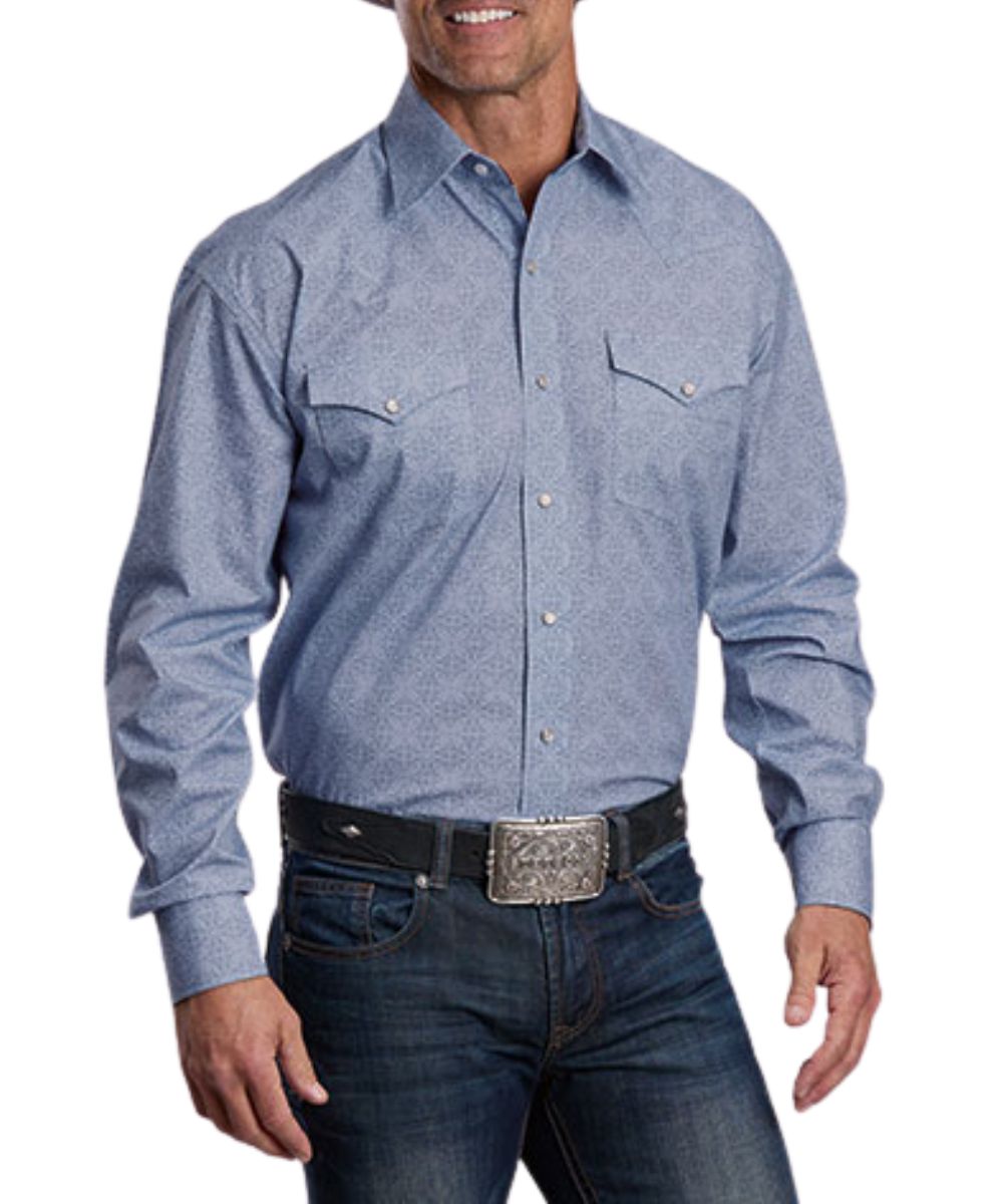 Front view of the men's steel blue Stetson long sleeve pearl snap shirt featuring the geometric print, spread collar, chest pockets, and western yokes