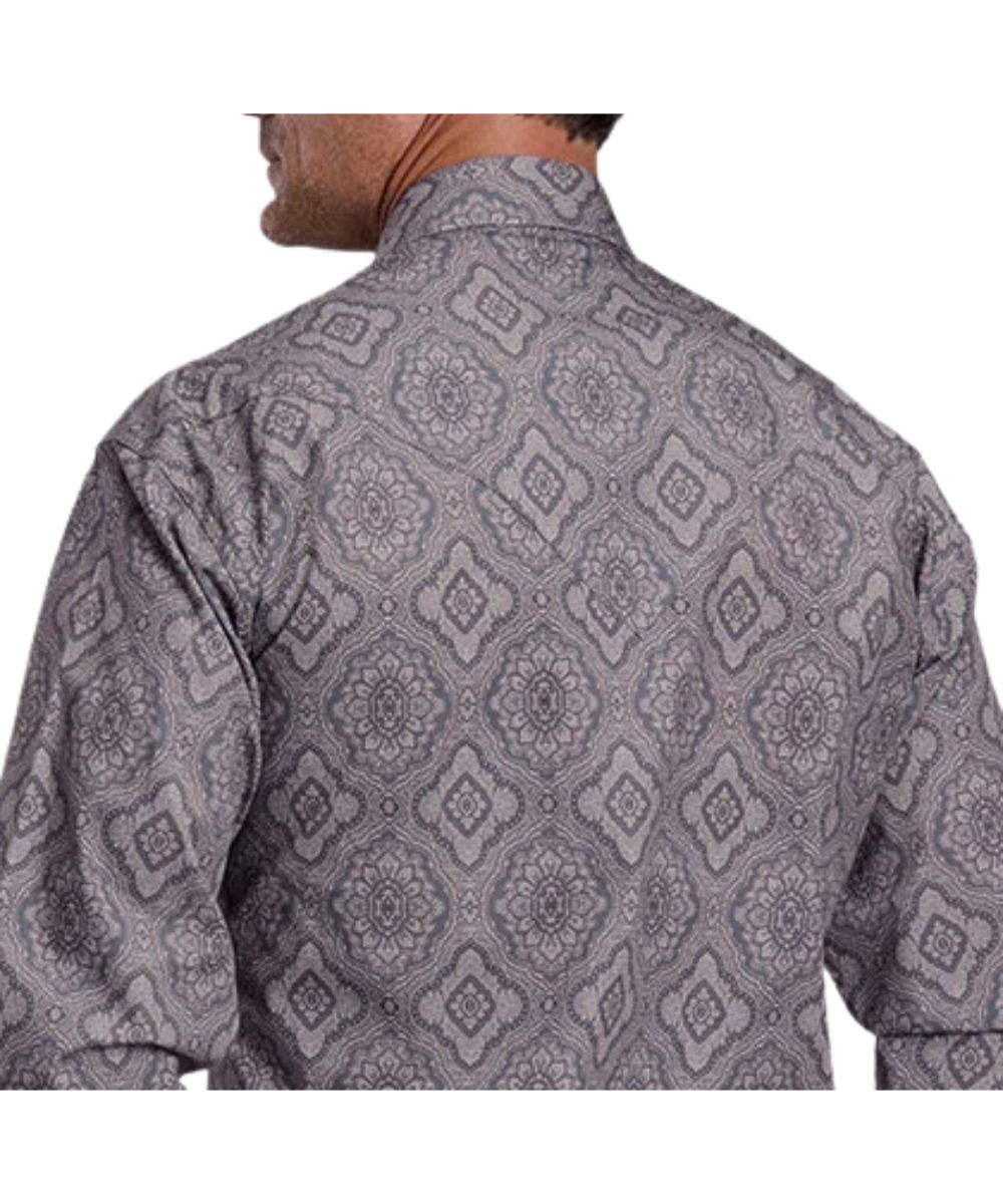 Back view of the men's grey medallion paisley print snap shirt featuring the ultra deep single point curved back yoke