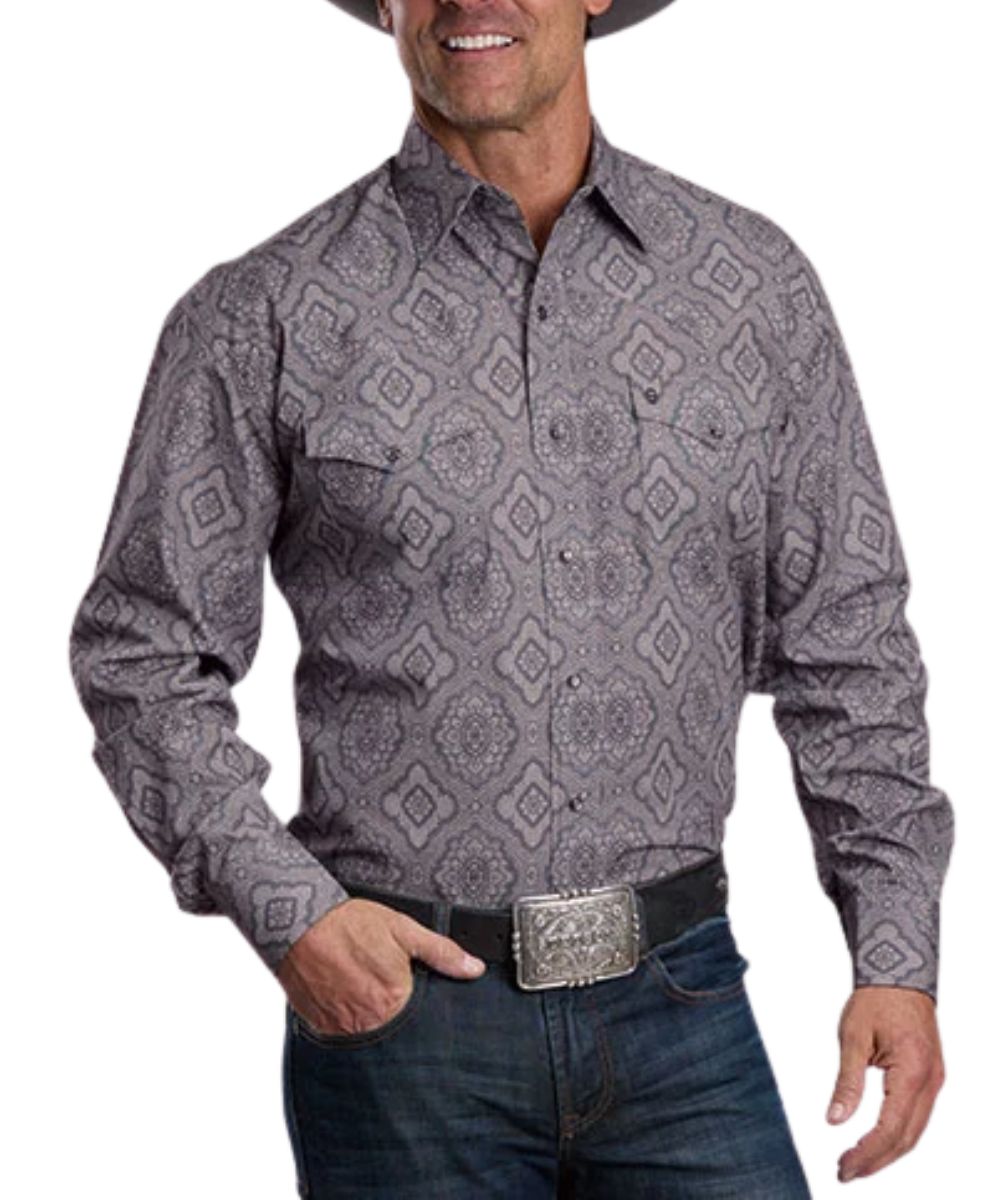 Front view of the men's grey Stetson long sleeve snap shirt featuring the pearl snaps, chest pockets, western yokes, and medallion paisley print