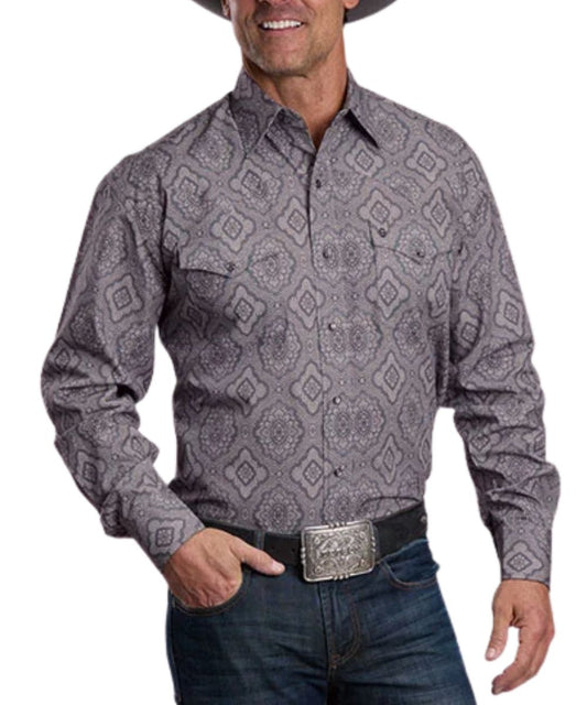 Front view of the men's grey Stetson long sleeve snap shirt featuring the pearl snaps, chest pockets, western yokes, and medallion paisley print
