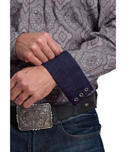 Close-up view of the grey medallion paisley print and the contrast interior denim trim