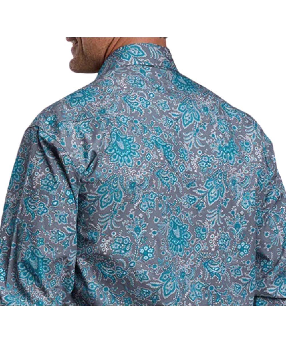 Back view of the men's stone-grey snap shirt featuring the ultra-deep curved back yoke