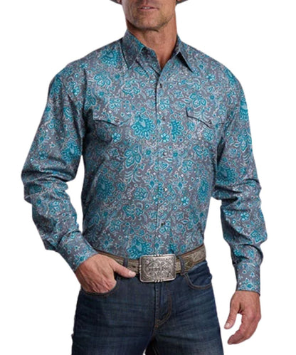 Front view of the men's grey Stetson long sleeve snap shirt featuring the pearl snaps, chest pockets, stone paisley print, and western yokes