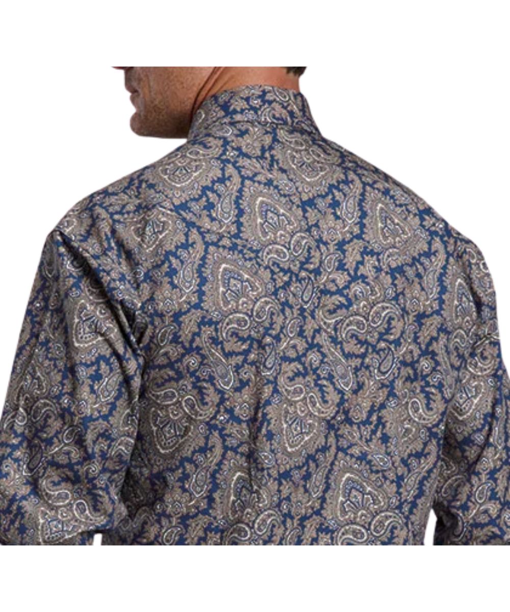 Back view of the men's navy and gold paisley snap shirt featuring the deep curved back western yoke