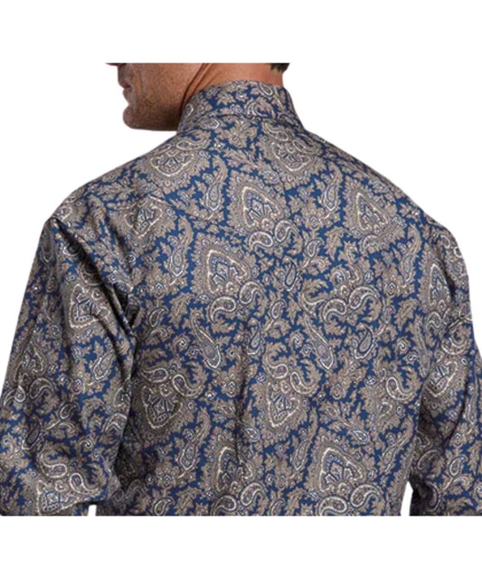 Back view of the men's navy and gold paisley snap shirt featuring the deep curved back western yoke