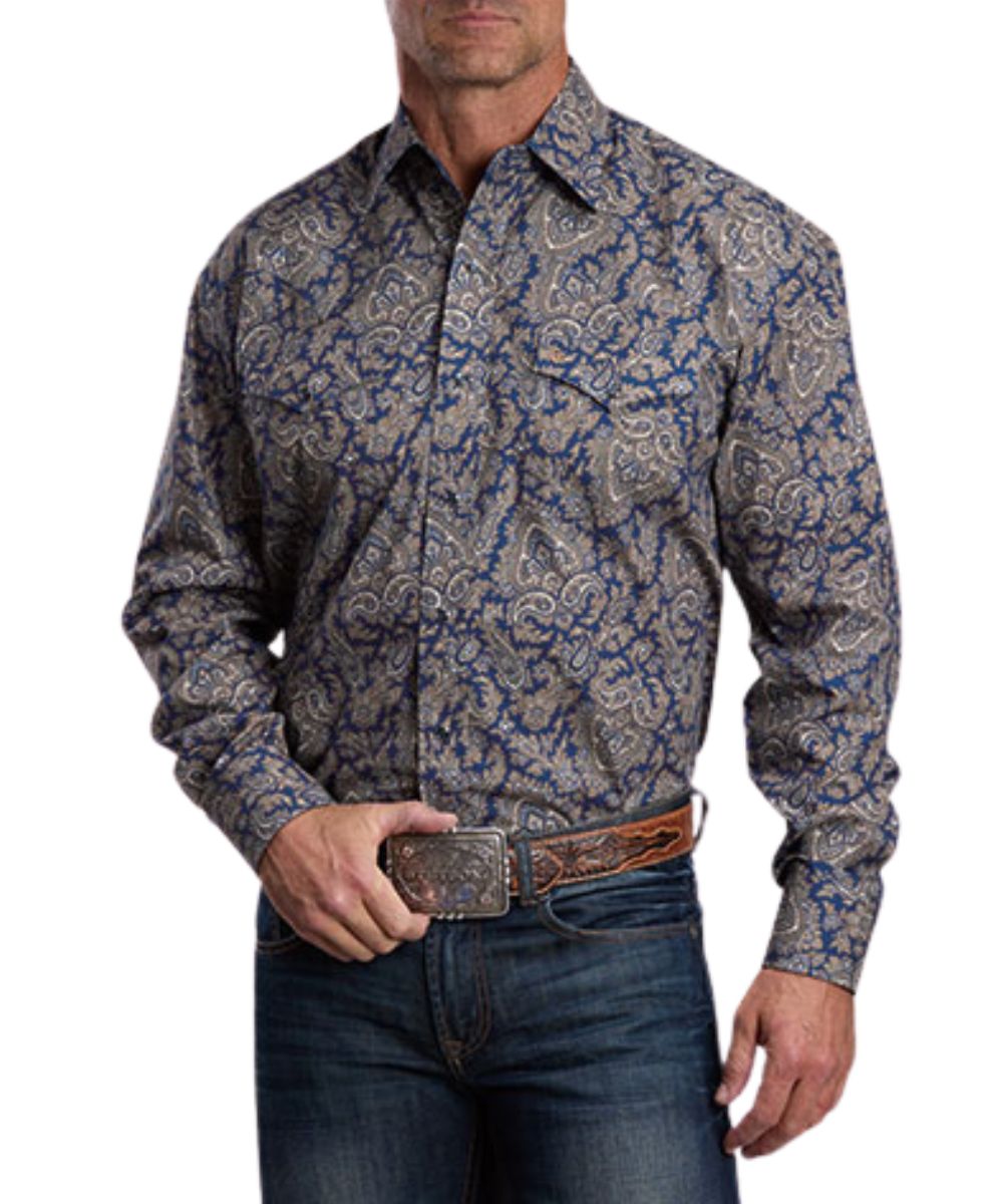 Front view of the men's navy Stetson long sleeve snap shirt featuring the gold paisley print, pearl snaps, and chest pockets