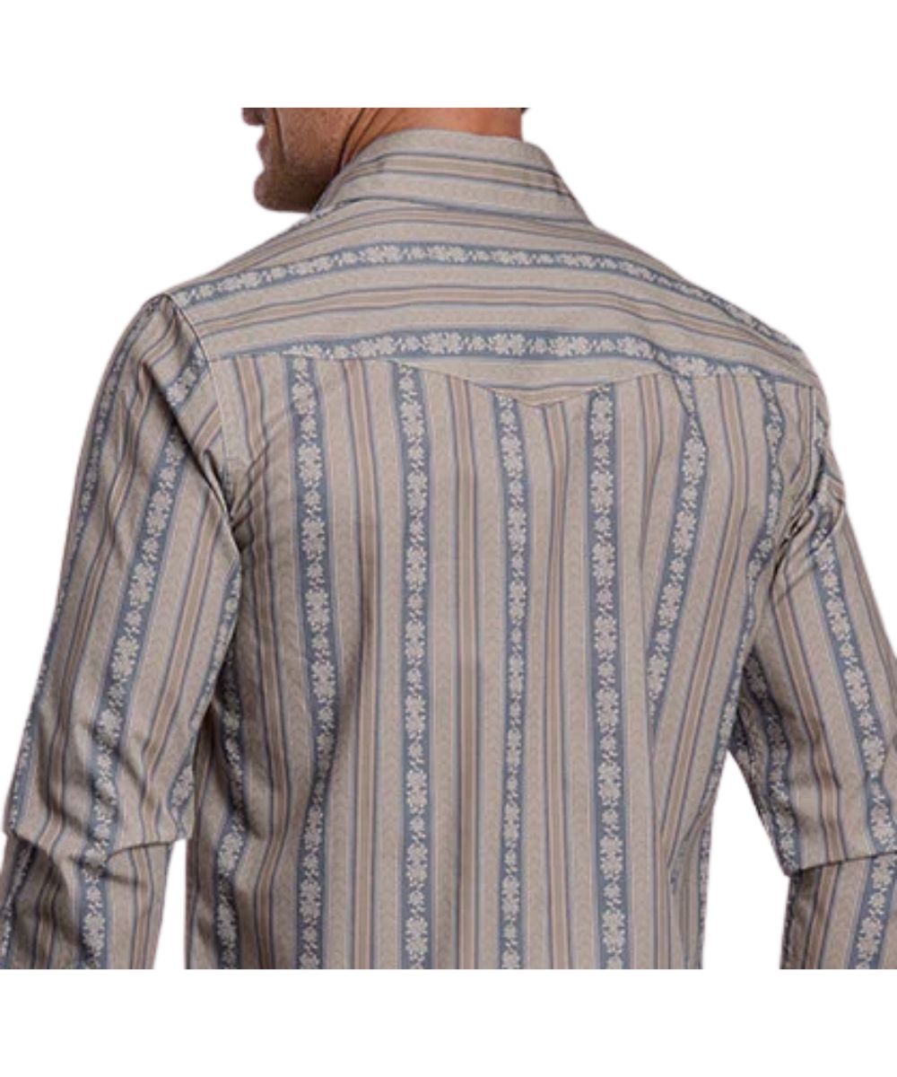 Back view of the men's long sleeve western snap shirt featuring the wallpaper striped print and western yokes