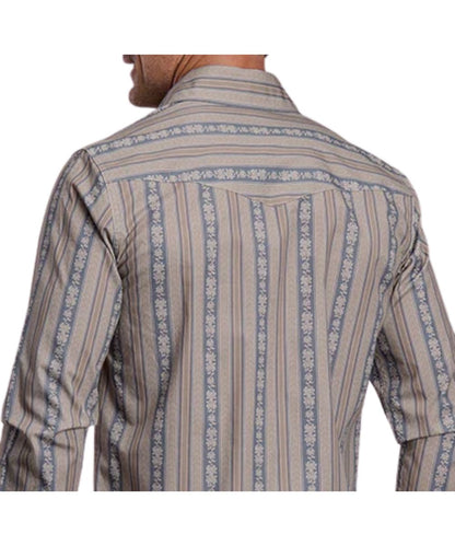 Back view of the men's long sleeve western snap shirt featuring the wallpaper striped print and western yokes