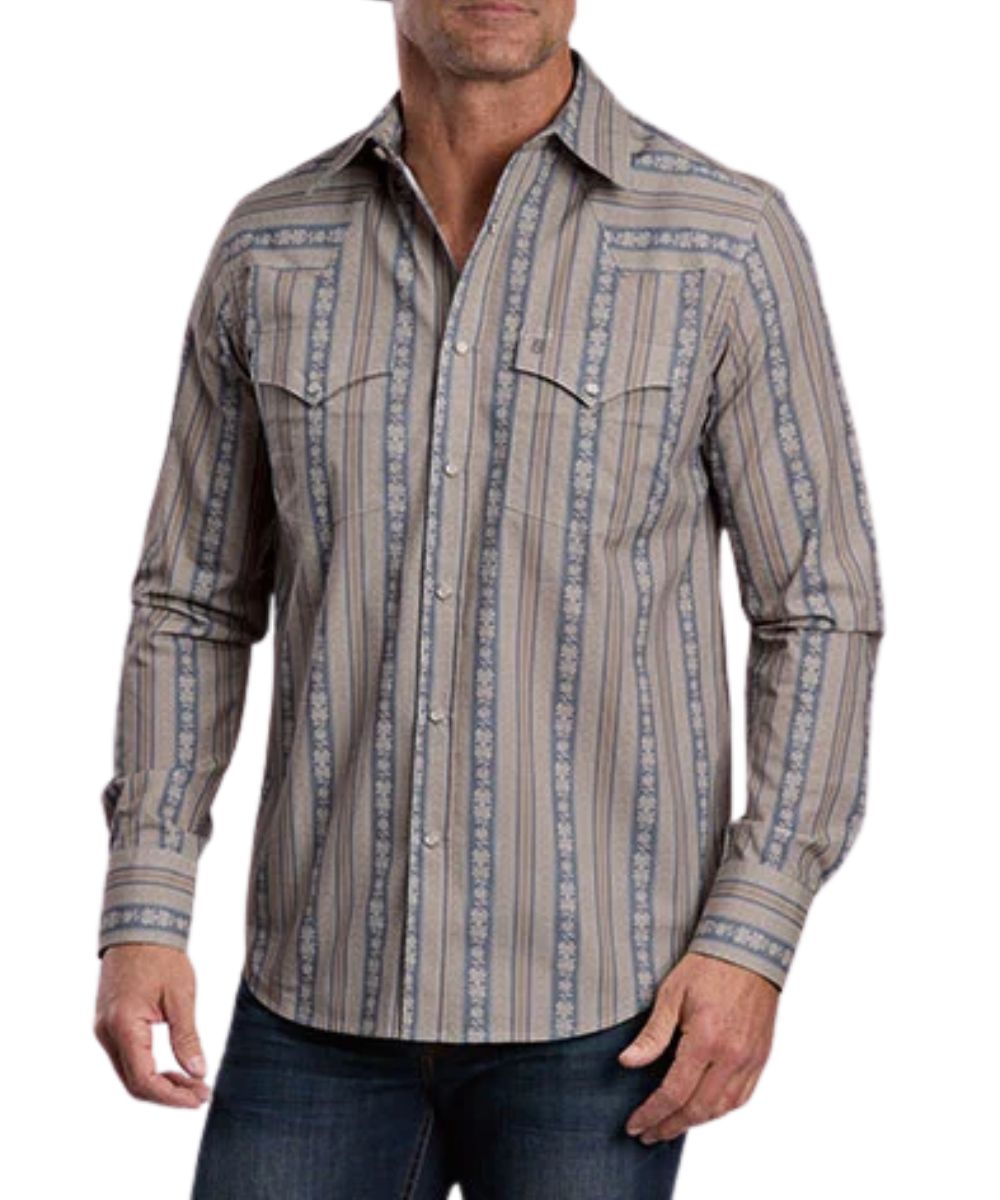 Front view of the men's Stetson long sleeve grey wallpaper striped snap shirt featuring the pearl snaps, chest pockets, and western yokes