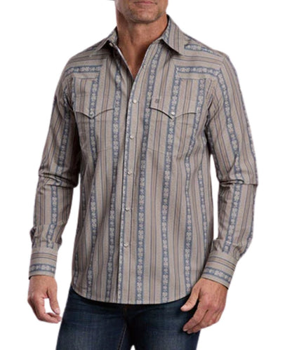 Front view of the men's Stetson long sleeve grey wallpaper striped snap shirt featuring the pearl snaps, chest pockets, and western yokes