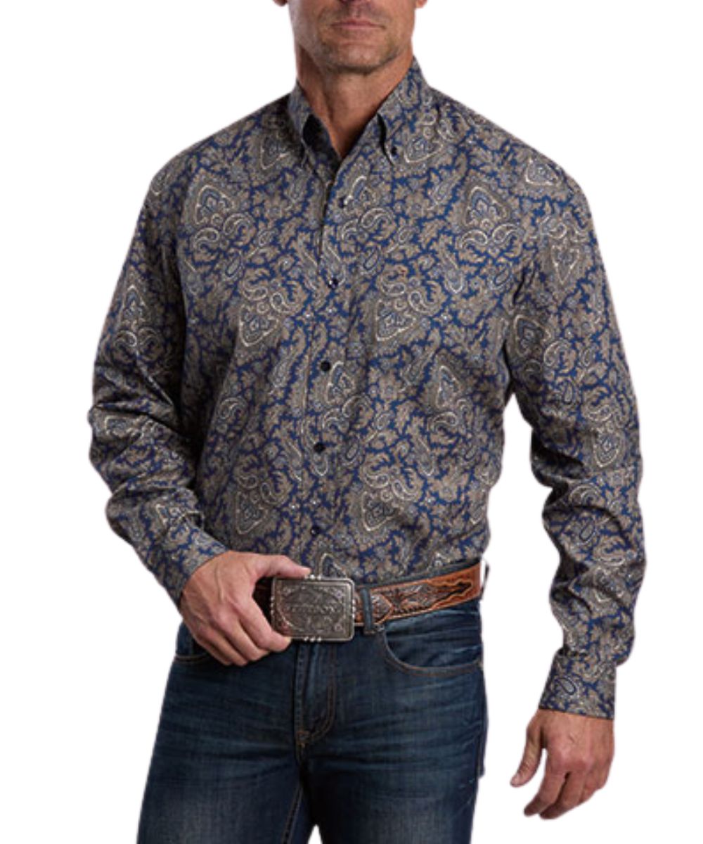 Front view of the men's navy blue Stetson long sleeve button down shirt featuring the navy logo buttons, button down collar, and gold paisley print