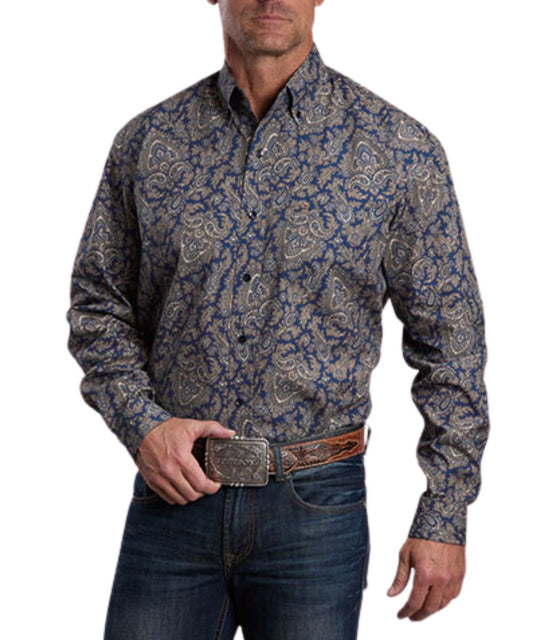 Front view of the men's navy blue Stetson long sleeve button down shirt featuring the navy logo buttons, button down collar, and gold paisley print