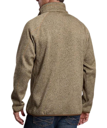 Back view of the men's khaki long sleeve pullover sweater featuring the mock collar and raglan sleeves