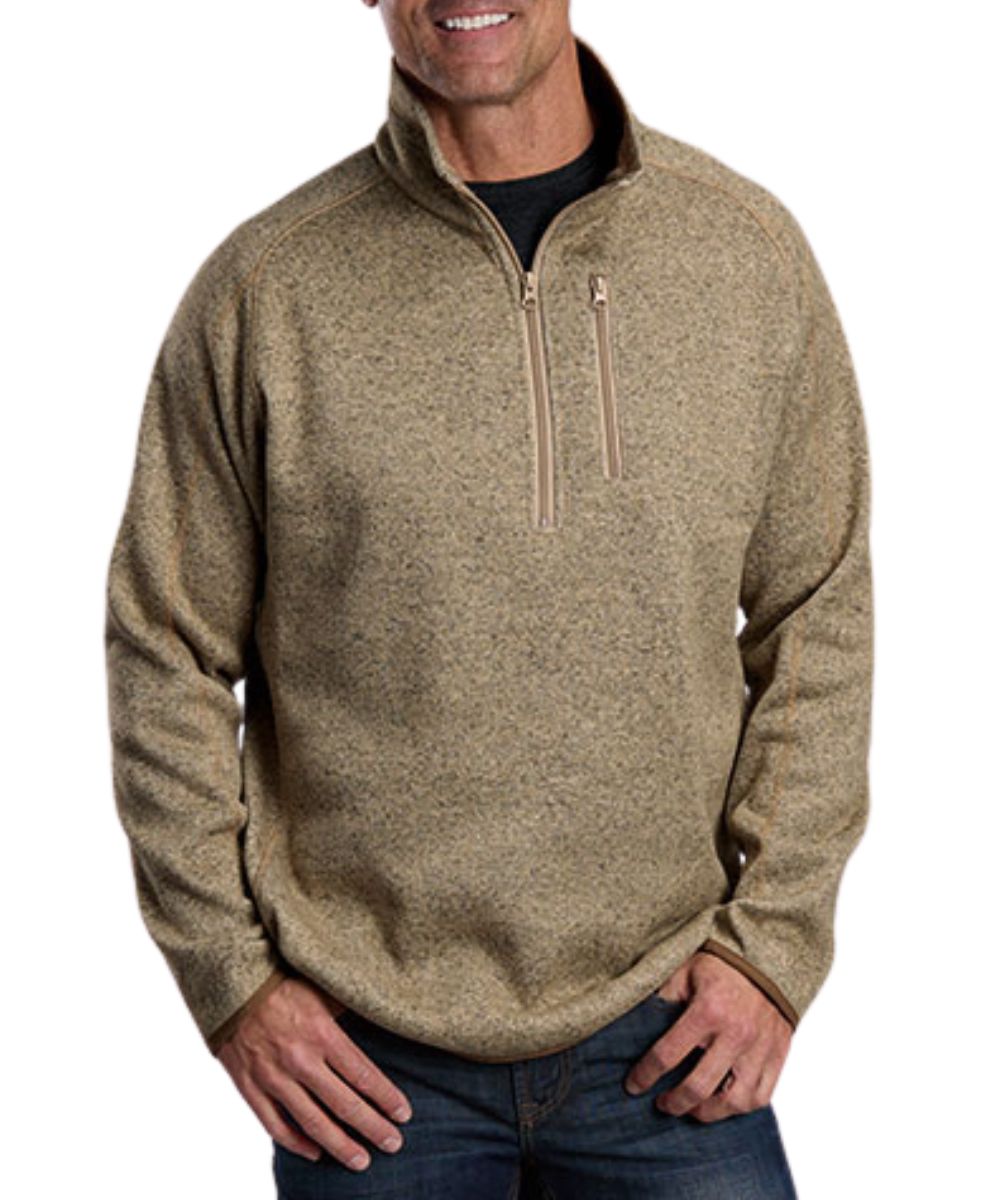 Front view of the men's khaki/brown Stetson sweater featuring the mock collar, 1/4 zip closure, zippered chest pocket, and tonal trim at the hem and cuffs