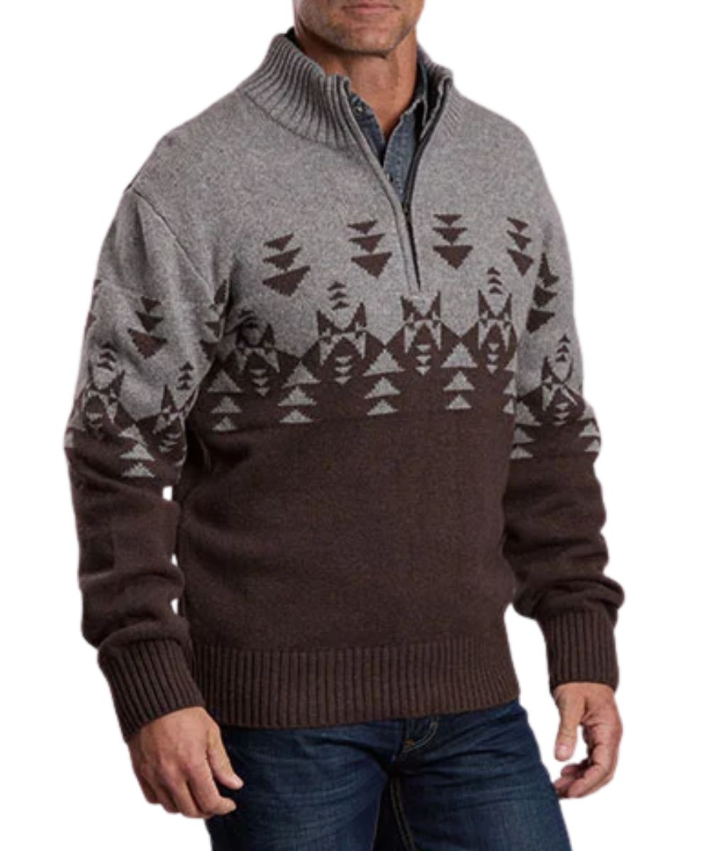 Front view of the men's grey & brown Stetson 1/4 zip sweater featuring the long sleeves, ribbed trim, aztec border print, and color blocked design with a grey upper body and brown lower body