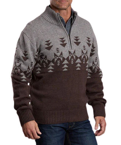 Front view of the men's grey & brown Stetson 1/4 zip sweater featuring the long sleeves, ribbed trim, aztec border print, and color blocked design with a grey upper body and brown lower body