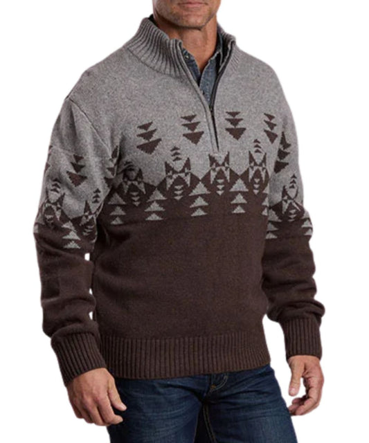 Front view of the men's grey & brown Stetson 1/4 zip sweater featuring the long sleeves, ribbed trim, aztec border print, and color blocked design with a grey upper body and brown lower body