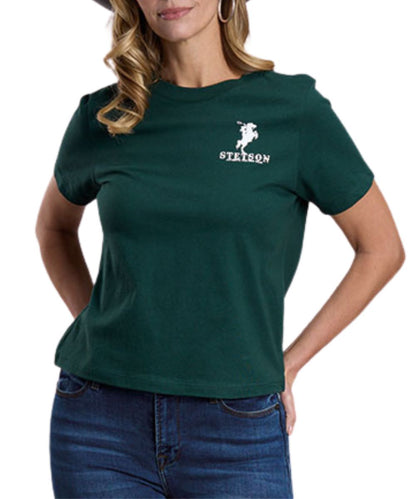 Front view of the women's forest green Stetson short sleeve graphic tee featuring the boxy fit, mid-length, and small white screen-printed Stetson logo on the left chest