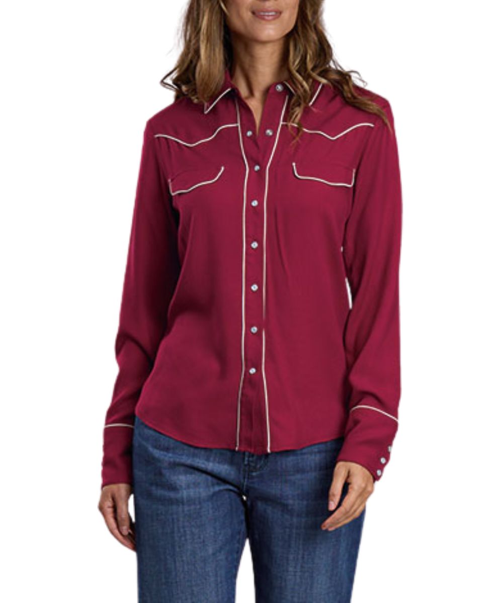 Front view of the women's wine Stetson long sleeve western blouse featuring the solid rayon twill construction, snap front placket and cuffs, faux flap chest pockets, western yokes, and contrast cream piping along the collar, placket, yokes, pocket flaps, and cuffs