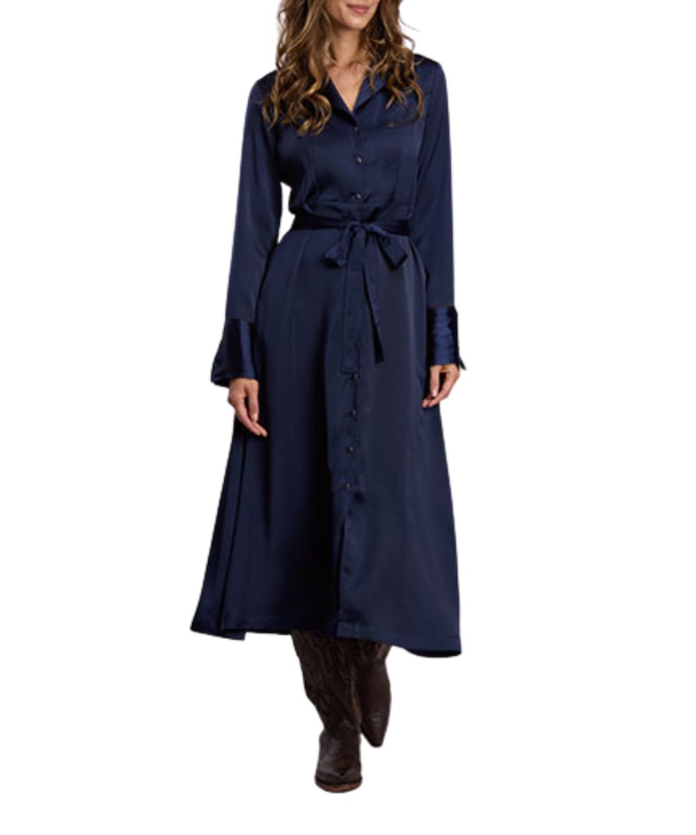 Front view of the women's navy Stetson satin western dress featuring the long sleeves with wide snap cuffs, snap closure, open notched collar, side seam hand pockets, fitted waist, and a self tie waist belt 