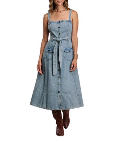 Front view of the women's blue denim strap dress