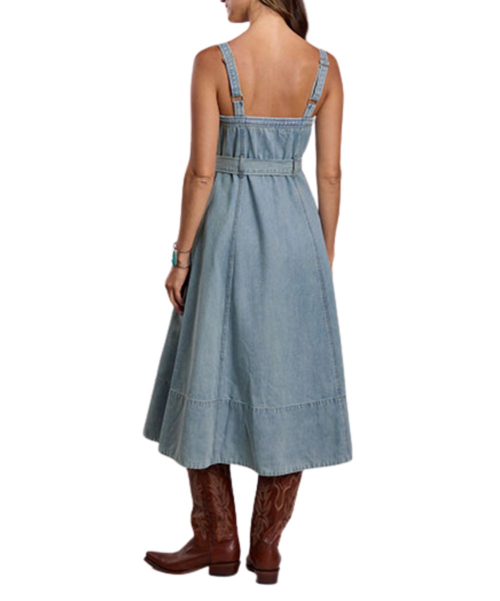 Back view of the women's blue denim strap dress