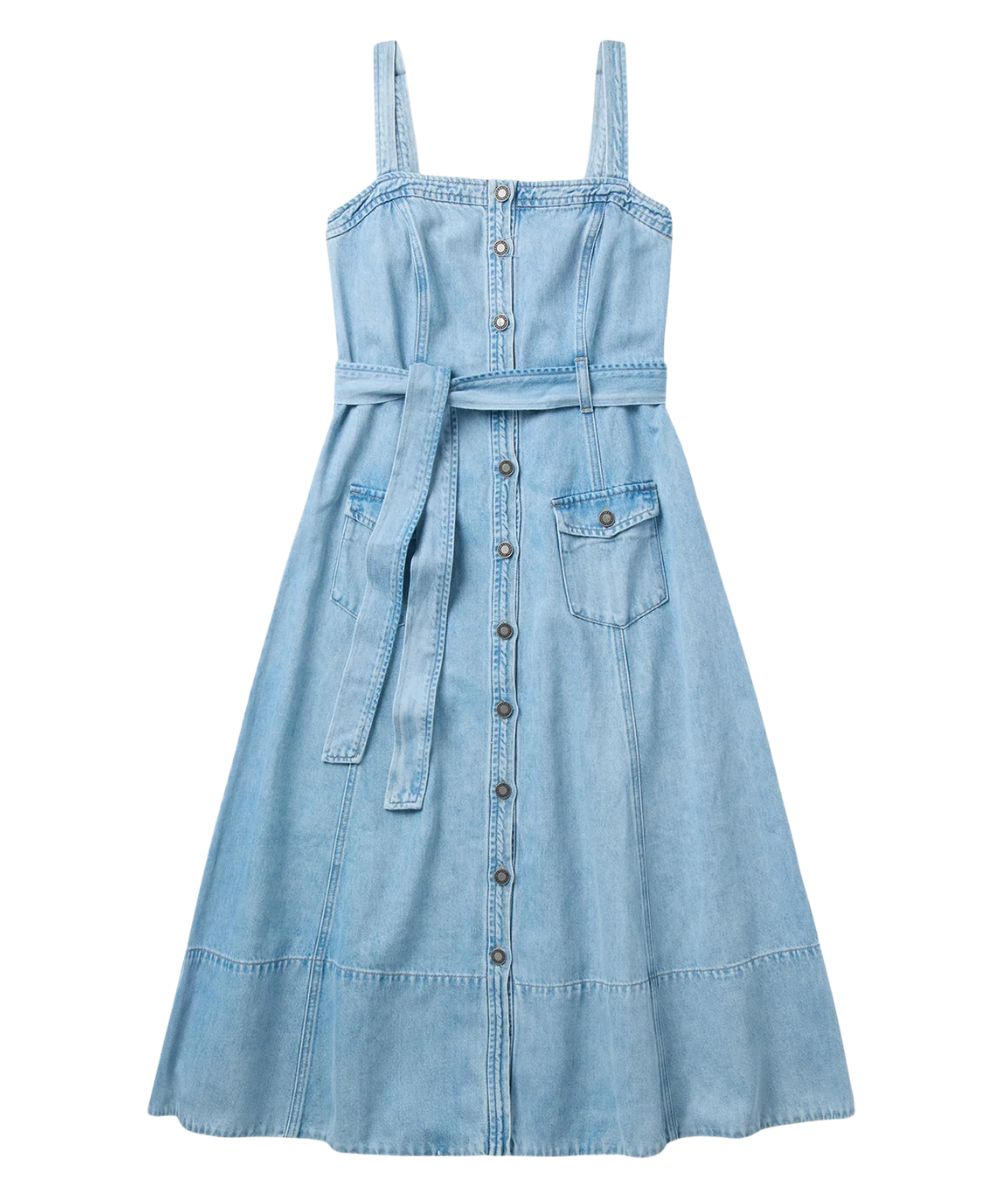 Front view of the women's blue denim strap dress featuring a full button placket, square neckline, and self-tie belt