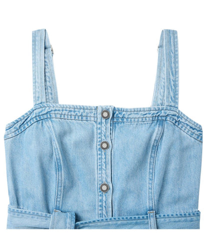 Close-up view of the logo buttons, princess seams, and adjustable shoulder straps