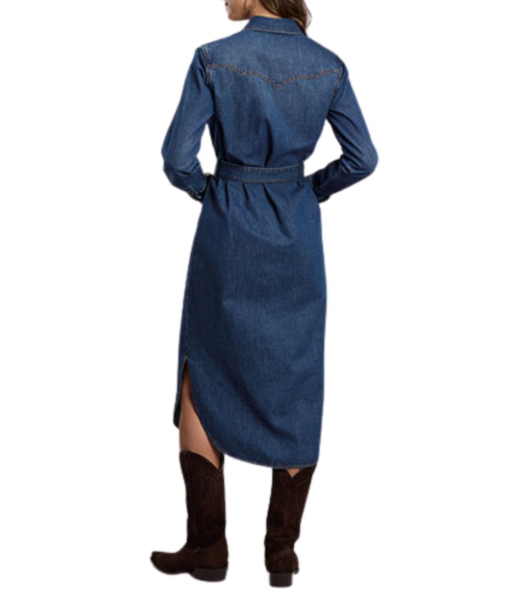 Back view of the women's dark wash denim shirt dress featuring the triple pointed back yoke, and midi length
