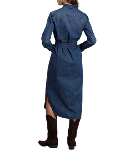 Back view of the women's dark wash denim shirt dress featuring the triple pointed back yoke, and midi length