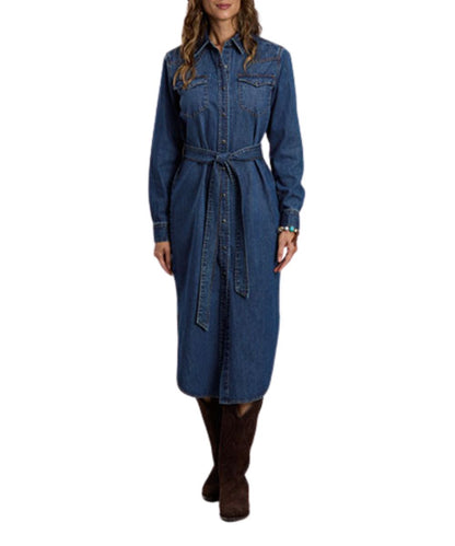 Front view of the women's dark wash Stetson Denim Dress featuring the snap front closure, western yokes, self-tie waist belt, and snap flap chest pockets