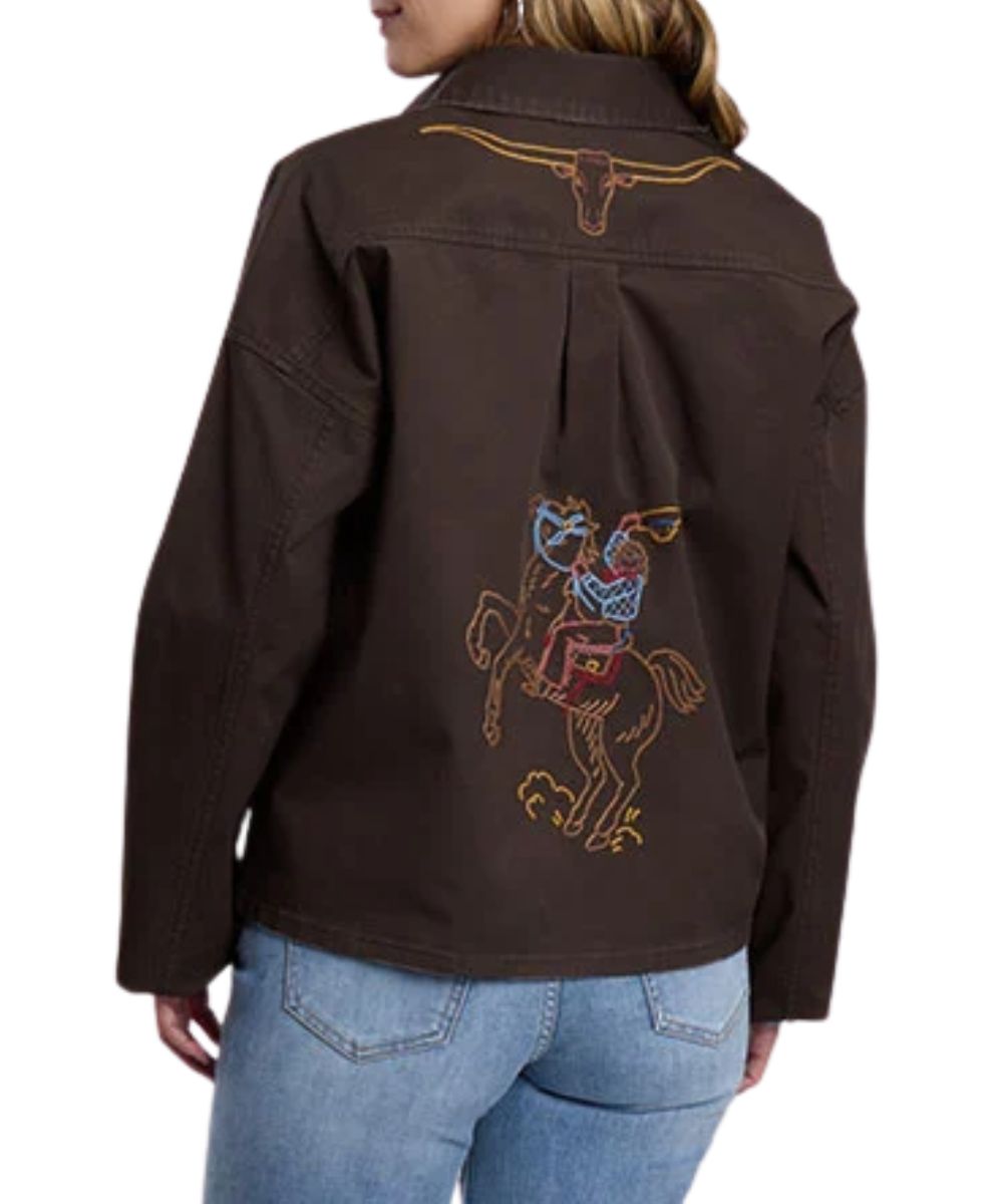 Back view featuring the straight back yoke with a box pleat and decorative western embroidery