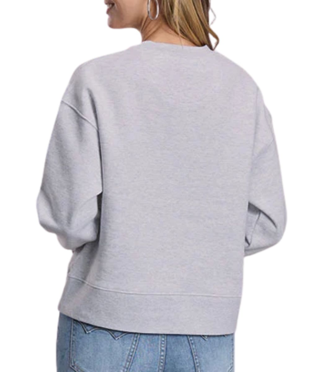 Back view of the women's heather grey long sleeve crew neck sweatshirt featuring the wide rib knit trim