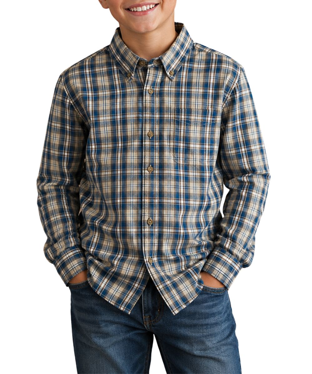 Boy's Tan And Blue Plaid Print Long Sleeve Button Down Shirt