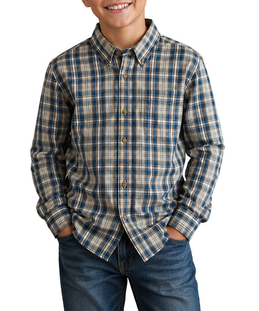 Boy's Tan And Blue Plaid Print Long Sleeve Button Down Shirt