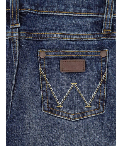 Back pocket view of the boy's Wrangler Jean featuring the 'w' logo stitching and logo patch