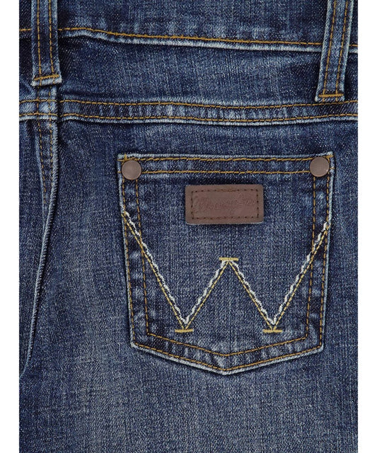 Back pocket view of the boy's Wrangler Jean featuring the 'w' logo stitching and logo patch