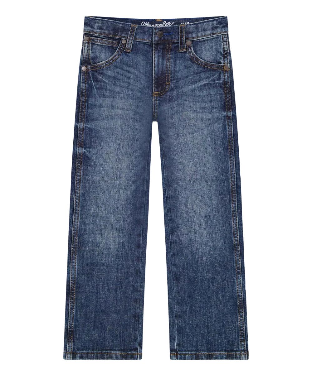 Front view of the boy's dark wash Wrangler Layton Slim Boot Cut Jean featuring the boot cut leg, adjustable waistband, and rise that sits lower on the waist and fit slim through the thigh