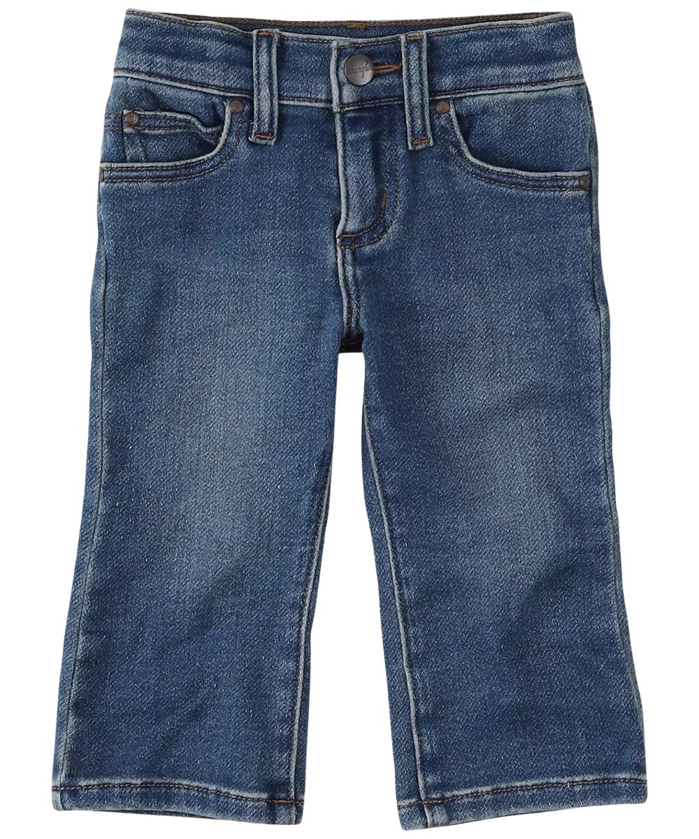 Front view of the little boy's western jean featuring a five pocket styling and snap button closure