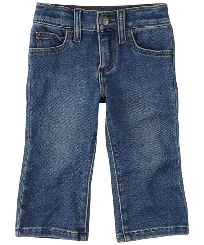 Front view of the little boy's western jean featuring a five pocket styling and snap button closure