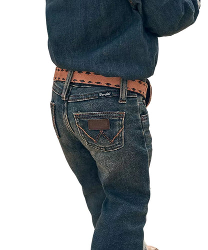 Back view of a toddler boy modeling the little boy's medium wash western jean 