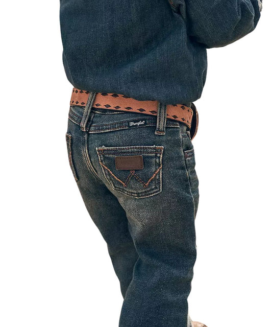 Back view of a toddler boy modeling the little boy's medium wash western jean 
