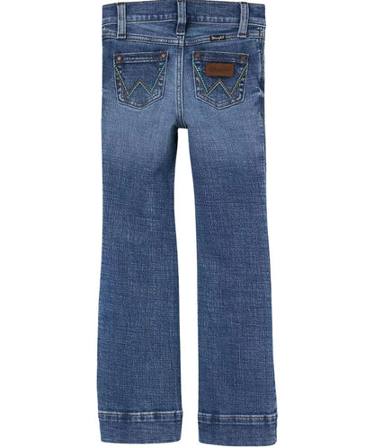 Back view of the girl's medium wash trouser jean featuring the 'w' logo stitched back pockets with a leather logo patch and a trouser hem