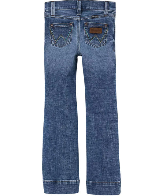 Back view of the girl's medium wash trouser jean featuring the 'w' logo stitched back pockets with a leather logo patch and a trouser hem