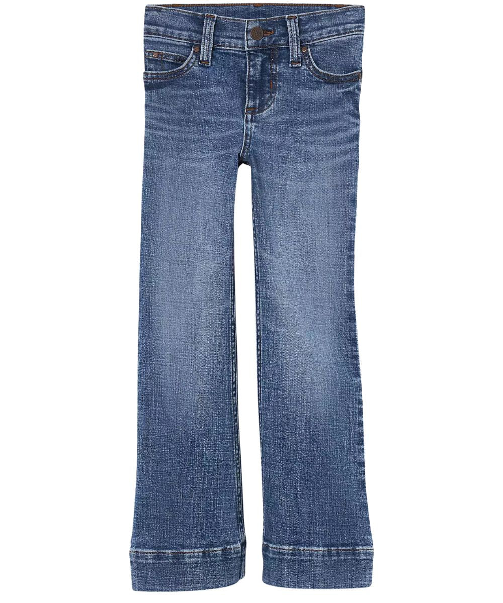 Front view of the girl's embry trouser jean featuring the adjust-to-fit waistband, medium wash, and five pocket styling 