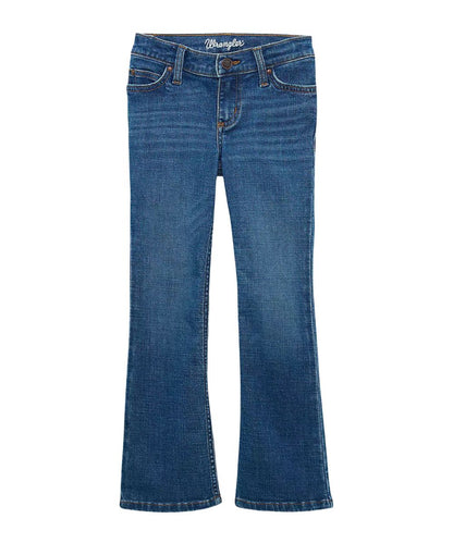 Front view of the girl's retro boot cut jean in a lia dark wash