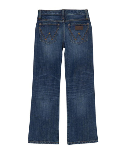 Back view of the boy's dark wash relaxed fit boot cut jean and sits lower on the waist and an adjust-to-fit waistband
