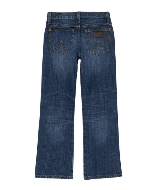 Back view of the boy's dark wash relaxed fit boot cut jean and sits lower on the waist and an adjust-to-fit waistband